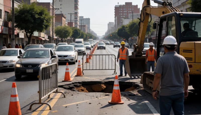 Obreros y una excavadora junto a un hundimiento en el asfalto de una avenida con conos naranjas y autos avanzando