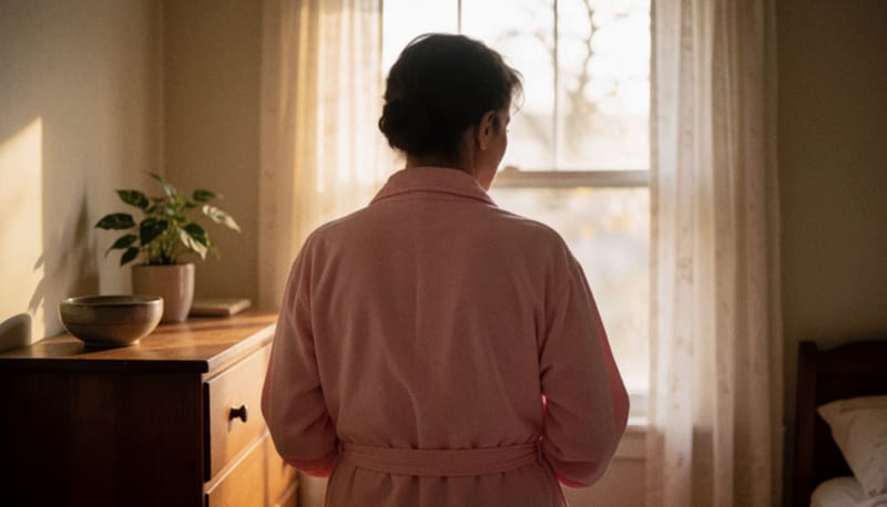 Mujer de espaldas con bata rosa en una habitación iluminada por la luz suave de la mañana junto a una ventana