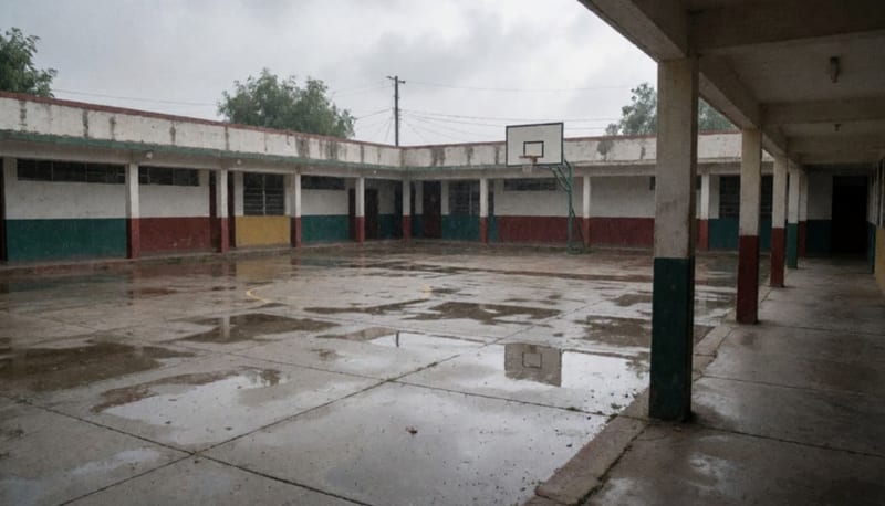 Patio escolar vacío y encharcado en una mañana lluviosa