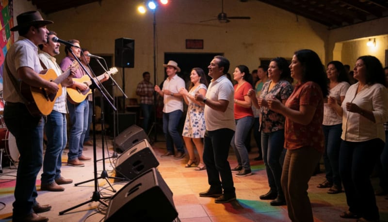 Parejas bailando en la pista durante una presentación musical en vivo en un salón