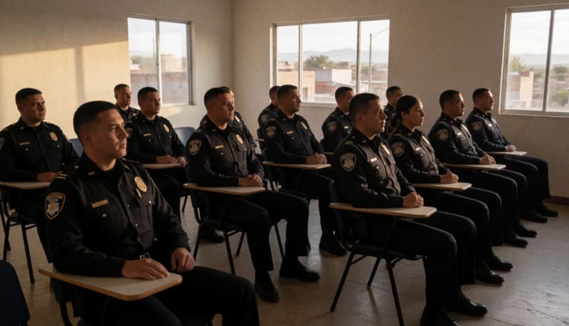 Agentes de seguridad municipal participando en una sesión de capacitación en un salón de clases