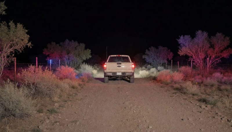 Camioneta color arena detenida al final de un camino de terracería en un rancho, iluminada por luces rojas y azules durante la noche