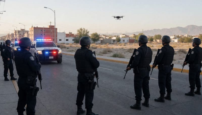 Elementos de seguridad en operativo de vigilancia sobre una avenida de la región centro-sur, con patrullas y luces activadas al fondo