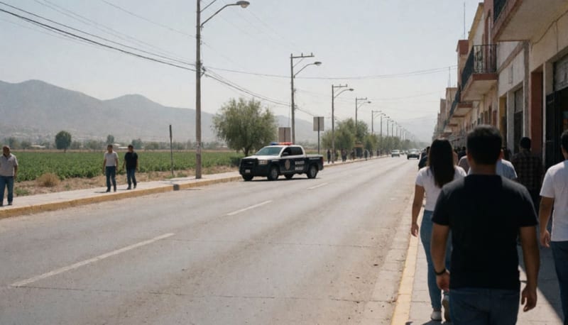Avenida de una ciudad del occidente de Chihuahua con una patrulla a lo lejos y montañas al fondo