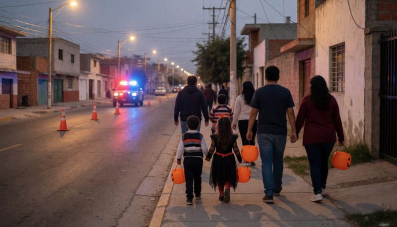 Familias con niños disfrazados caminan por una banqueta al anochecer mientras luces rojas y azules iluminan la calle a lo lejos