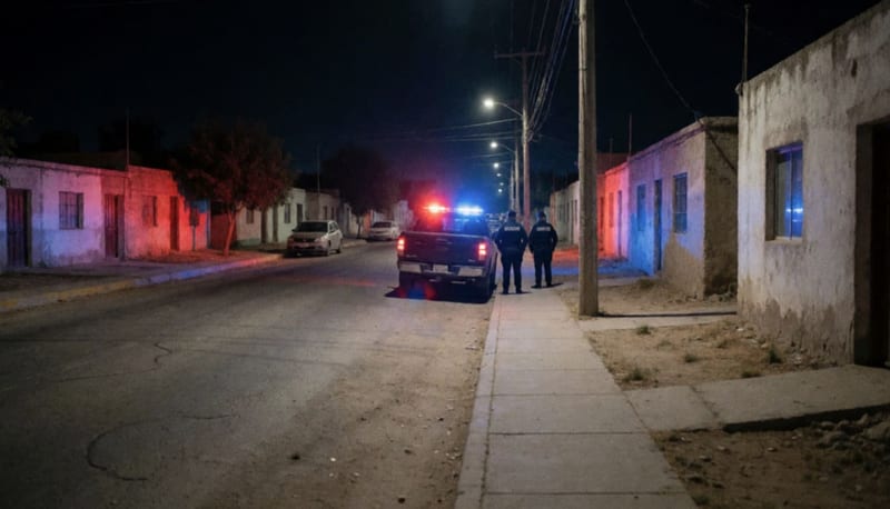 Calle residencial de noche con luces rojas y azules sobre las casas y dos policías de espaldas a lo lejos