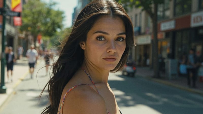 Mujer en un ambiente urbano al aire libre durante la tarde, con expresión serena
