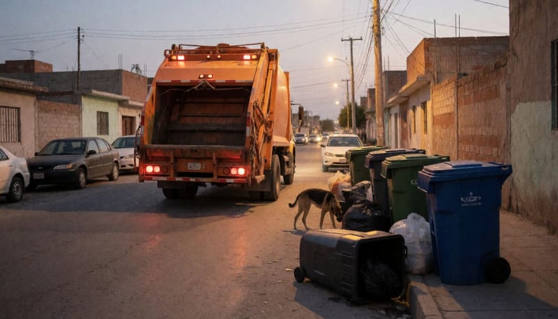 Camión recolector de basura avanza de espaldas por una calle residencial al atardecer, con tambos y bolsas negras apiladas en la banqueta
