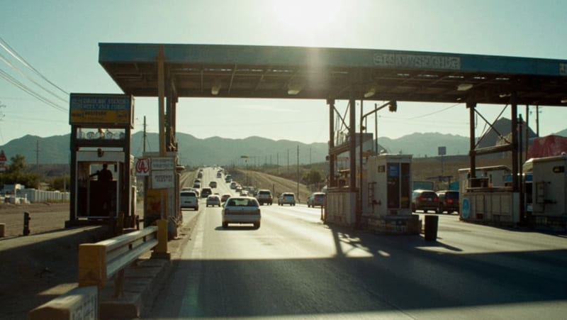Caseta de peaje de puentes internacionales con vehículos aproximándose bajo el sol del desierto
