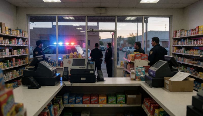 Interior de tienda de conveniencia con luces de patrulla reflejadas en ventanas y oficiales de policía en el establecimiento