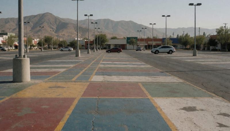 Estacionamiento casi vacío de una plaza comercial con cerros secos al fondo