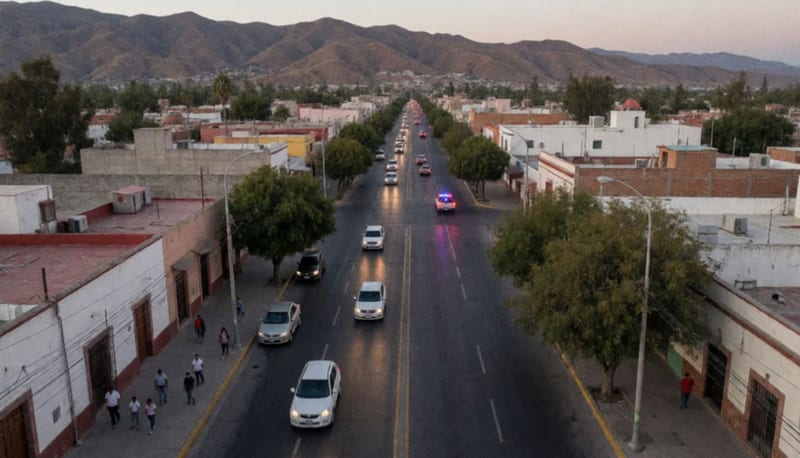 Avenida de una ciudad del norte de México al atardecer con tráfico ligero, peatones en la banqueta y luces rojas y azules a lo lejos