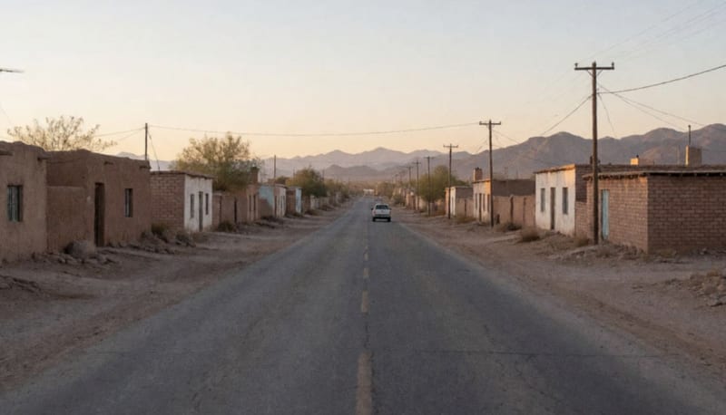 Camino del desierto hacia un pueblo del noroeste de Chihuahua al amanecer