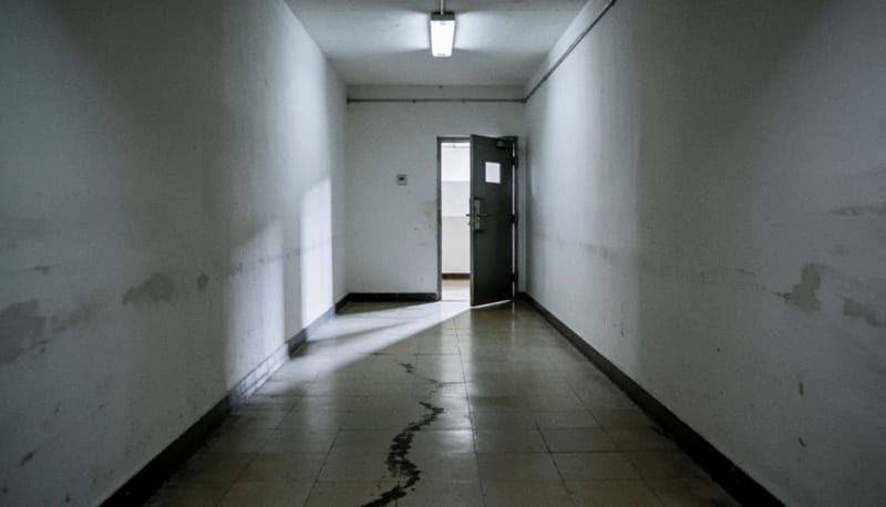 Pasillo vacío de paredes blancas con una puerta metálica entreabierta y luz fluorescente fría sobre el piso pulido