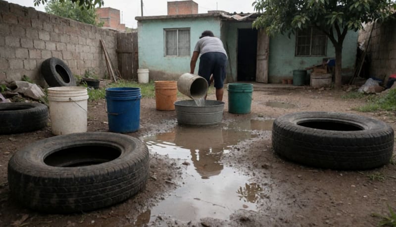 Patio de una vivienda con llantas y cubetas con agua estancada mientras una persona vacía un recipiente tras la lluvia