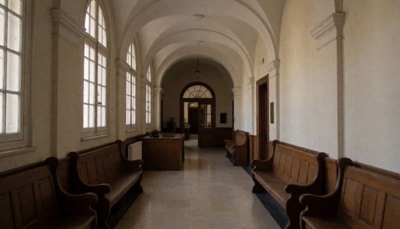 Pasillo interior de un juzgado con banca de madera y luz matutina filtrada por las ventanas