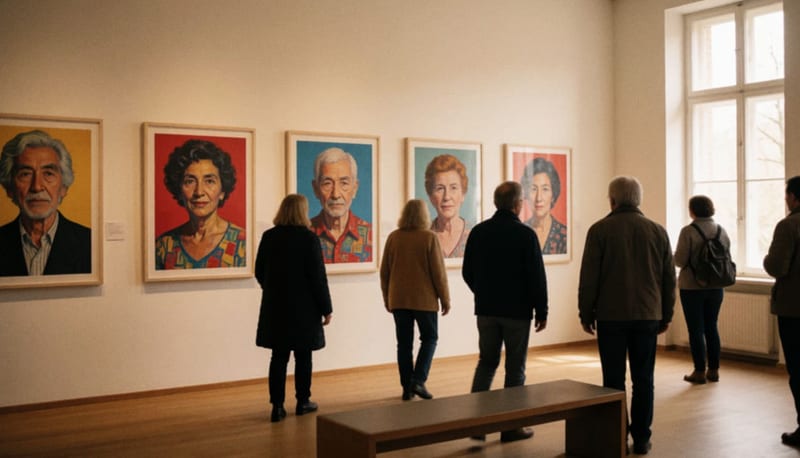 Visitantes vistos de espaldas recorren una sala luminosa de paredes blancas con grandes fotografías enmarcadas a color