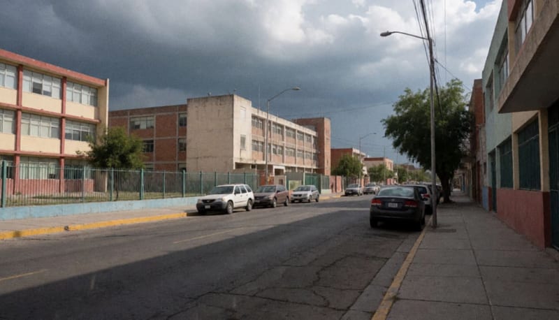 Calles vacías de una ciudad norteña bajo cielo nublado con amenaza de lluvia fuerte