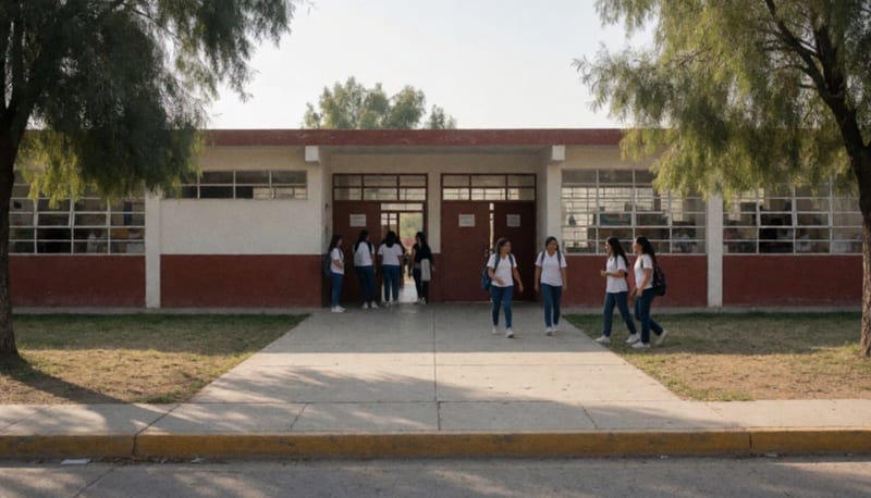 Estudiantes en el acceso principal de una institución educativa rural en la región de Delicias