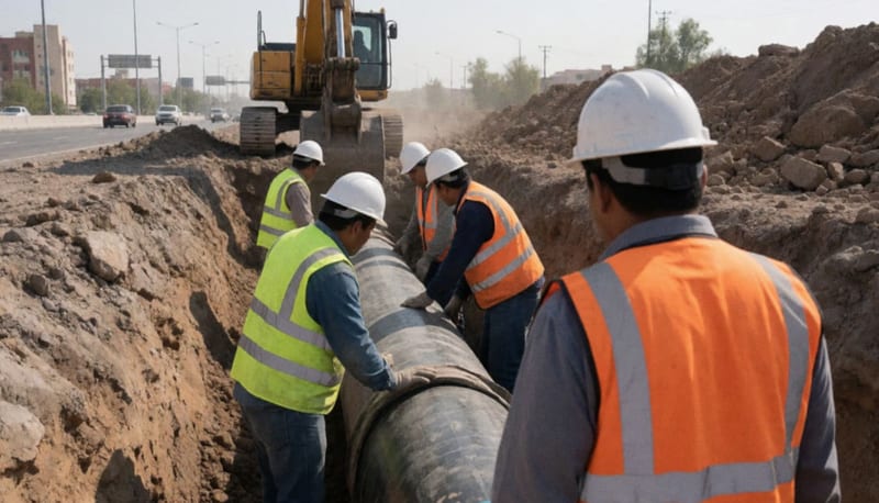 Trabajadores instalando una tubería grande en una zanja junto a una vialidad