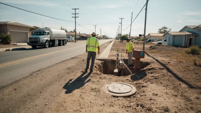 Cuadrilla de trabajadores realizando labores de mantenimiento en válvulas de agua en una calle residencial