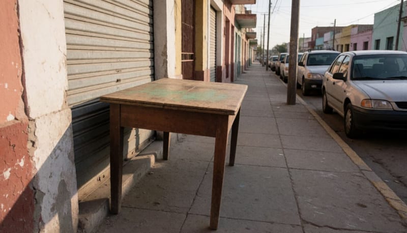 Mesa rectangular de madera antigua recargada en la cortina metálica de un local comercial en una calle de Camargo