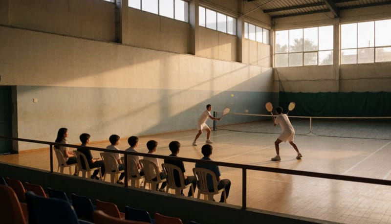 Dos jugadores de frontenis en pleno juego dentro de una cancha techada mientras jóvenes observan desde sillas laterales