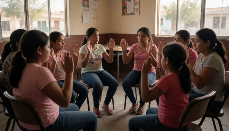 Niñas y padres participando en una dinámica interactiva sentados en círculo dentro de un salón comunitario