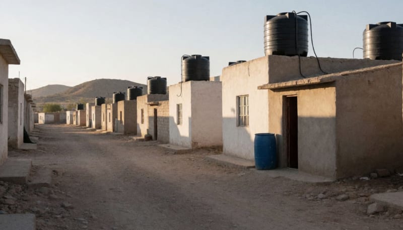 Calle de terracería con tinacos negros sobre los techos de casas sencillas y un tambo de plástico junto a una puerta