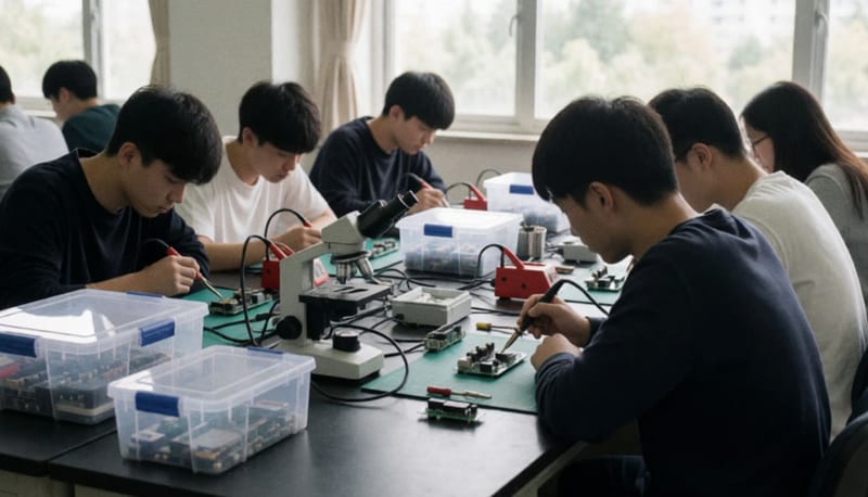 Estudiantes de espaldas trabajando sobre una mesa de laboratorio con circuitos, microscopio y herramientas de soldadura bajo luz natural