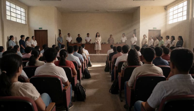 Asamblea de estudiantes y personal académico en el auditorio principal del instituto durante la ceremonia conmemorativa