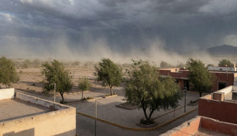 Nubes de tormenta avanzando sobre paisaje árido del desierto chihuahuense con vientos levantando polvo