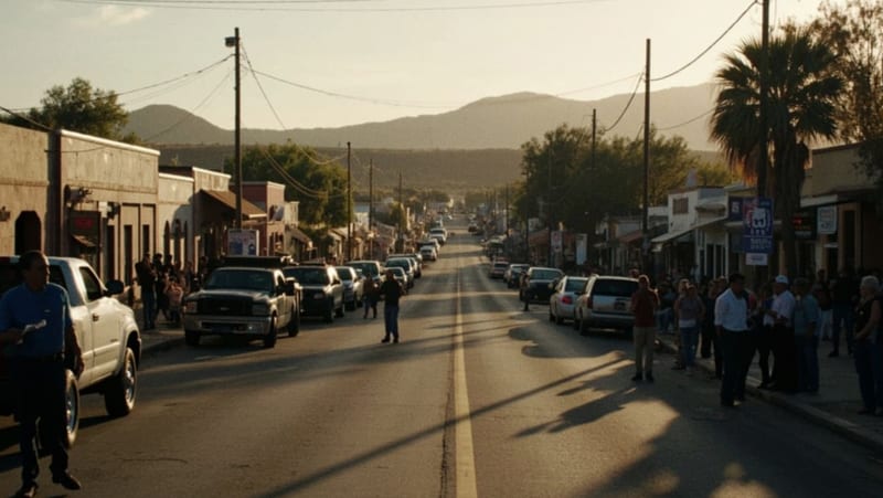 Plaza de un pueblo del norte con personas reunidas y edificios coloniales al fondo bajo luz de atardecer