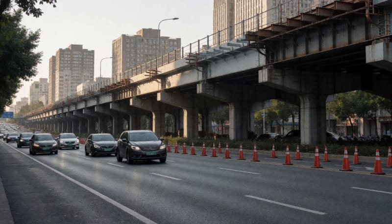 Puente vehicular en construcción con vigas de acero y conos naranjas sobre un bulevar de la ciudad