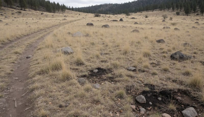 Claro de pastizal seco y rocas en la sierra con una brecha de terracería y cerros de pino al fondo