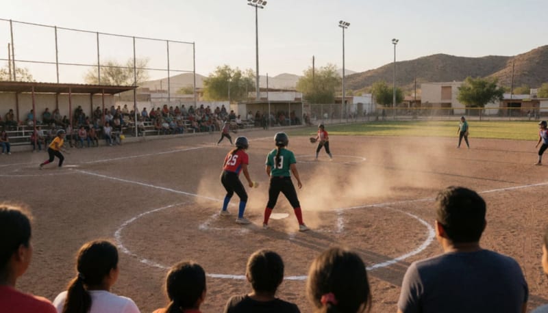 Jugadores disputan un partido de softbol en el diamante con polvo levantándose durante la competencia