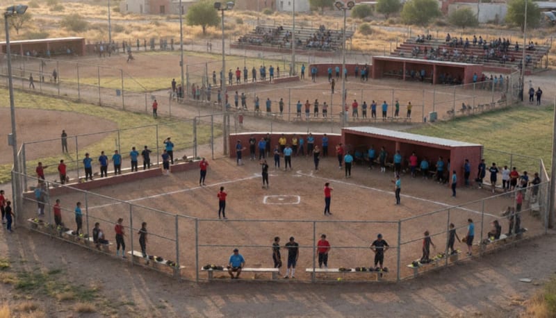 Varios diamantes de softbol con jugadores uniformados preparándose para la jornada dominical