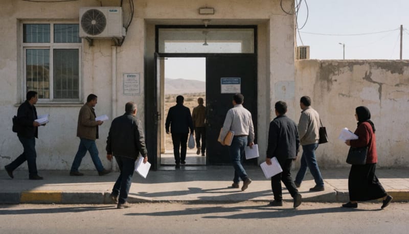 Personas caminando hacia las oficinas de un registro público en una ciudad del desierto de Chihuahua