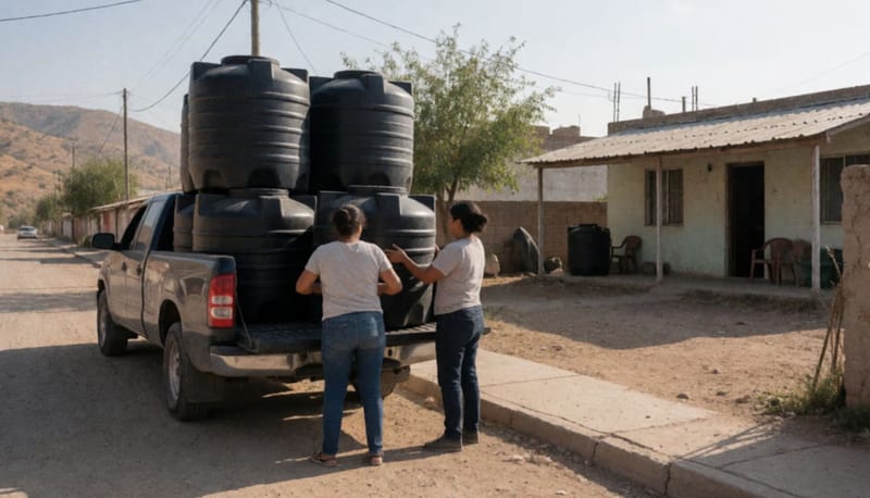 Tinacos de plástico negro apilados en la caja de una camioneta frente a una casa sencilla con patio de tierra