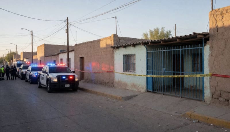Cinta amarilla y roja acordonando una casa en zona residencial con luces de emergencia activadas en la calle