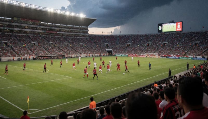 Estadio de futbol mexicano durante un partido de Liga MX con equipos en acción sobre el terreno de juego y nubes de tormenta al fondo