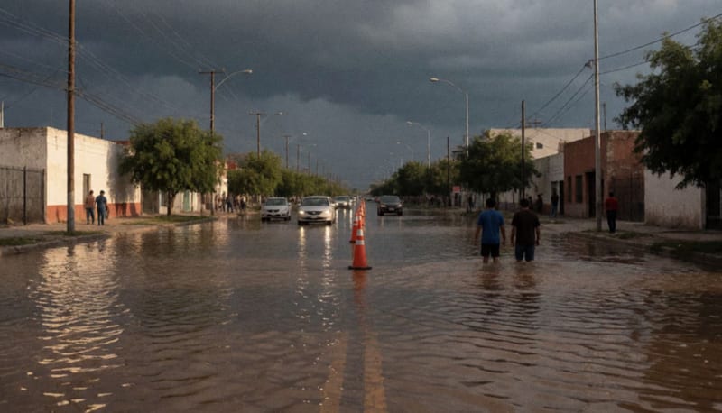 Avenida inundada al anochecer con autos detenidos entre el agua