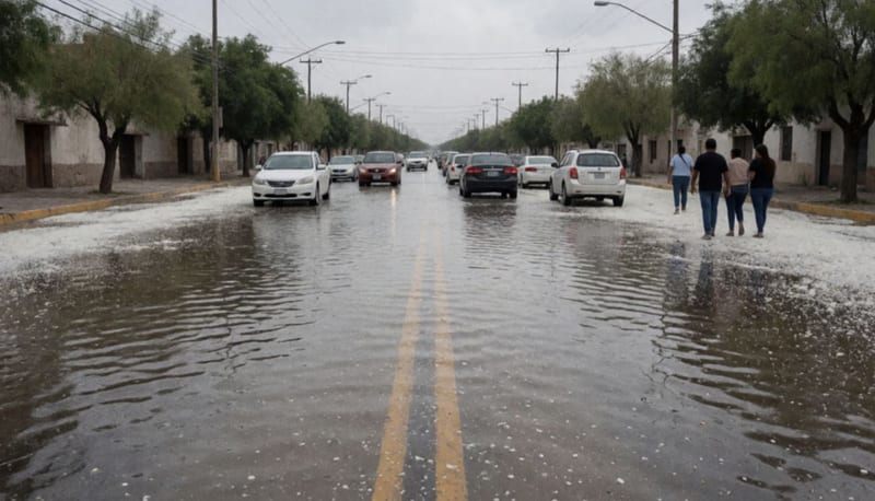 Avenida inundada con autos detenidos y granizo a los lados