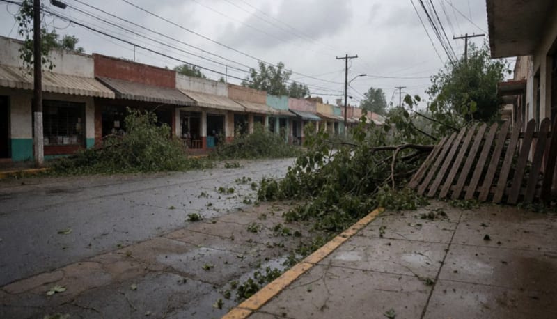 Árboles y ramas caídas sobre una calle mojada tras paso de tormenta en municipio del estado