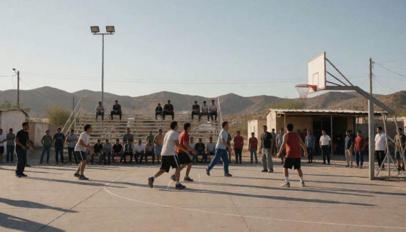 Jugadores compitiendo en una cancha de baloncesto bajo el sol del desierto, con espectadores observando desde las orillas