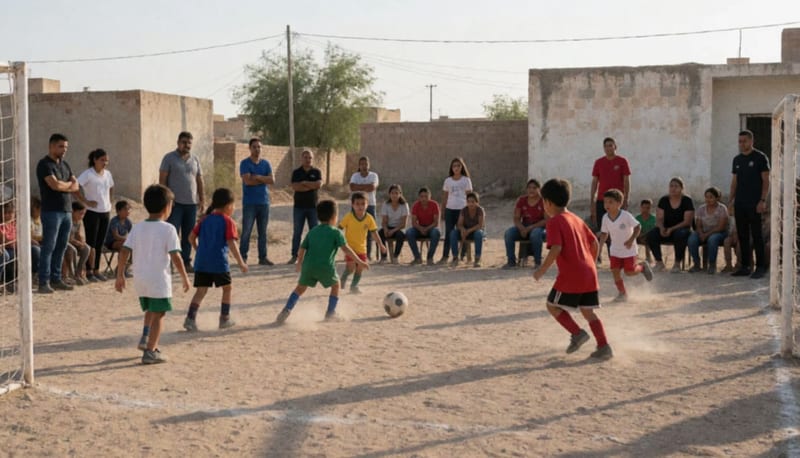 Niños jugando futbol en una cancha municipal mientras familias y entrenadores observan desde las orillas del terreno