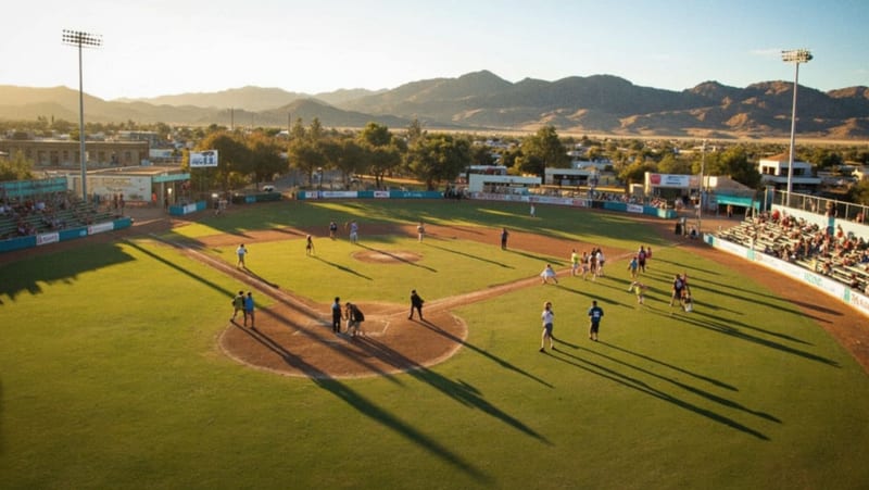 Jóvenes participantes en un encuentro deportivo en la cancha de un municipio del norte de Chihuahua, con familiares observando desde las gradas
