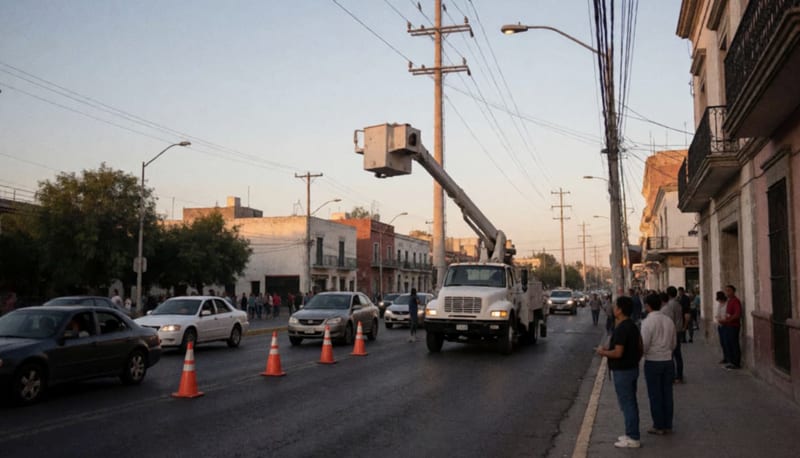Camión con canastilla elevada junto a un poste eléctrico en un cruce urbano al atardecer, con conos naranjas y curiosos en la banqueta
