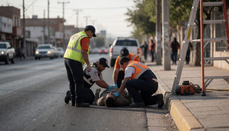 Paramédicos atienden a un trabajador en el pavimento de una avenida, con equipo de trabajo y escalera visible al fondo