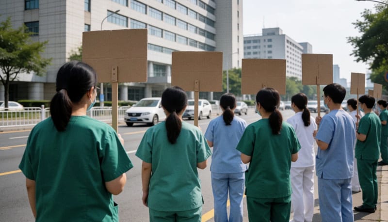 Personal de salud visto de espaldas junto a una avenida frente a un hospital